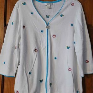 Women's Size X or 14 CJ Banks Cardigan Zip Up Sweater White Flowers 3/4 Sleeve